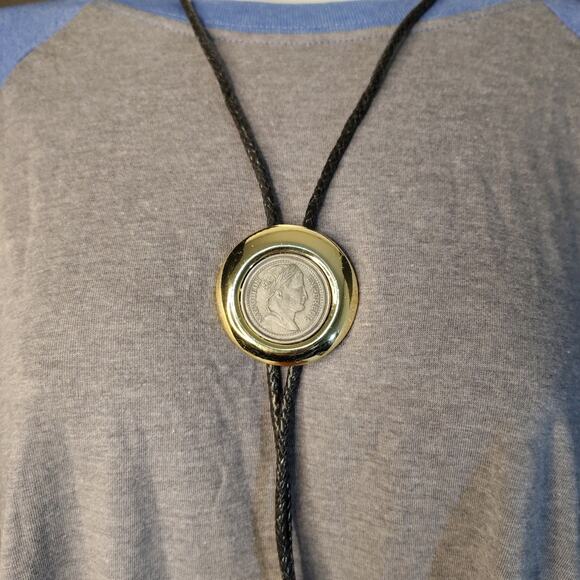 Vintage Napoleon Coin Bolo Tie Bola Tie Shoestring Necklace Gold Tone & Silver - Picture 2 of 12